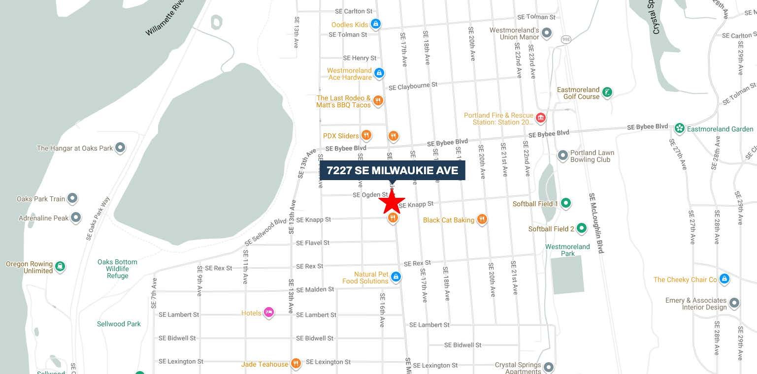Amenity map of Sellwood-Moreland showing 7227 SE Milwaukie Ave among nearby shops, restaurants, parks, and Oaks Amusement Park