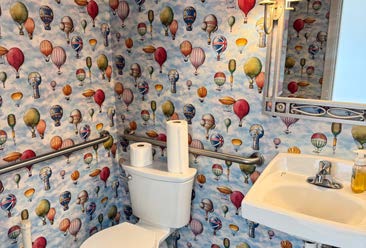 Accessible restroom with hot air balloon wallpaper